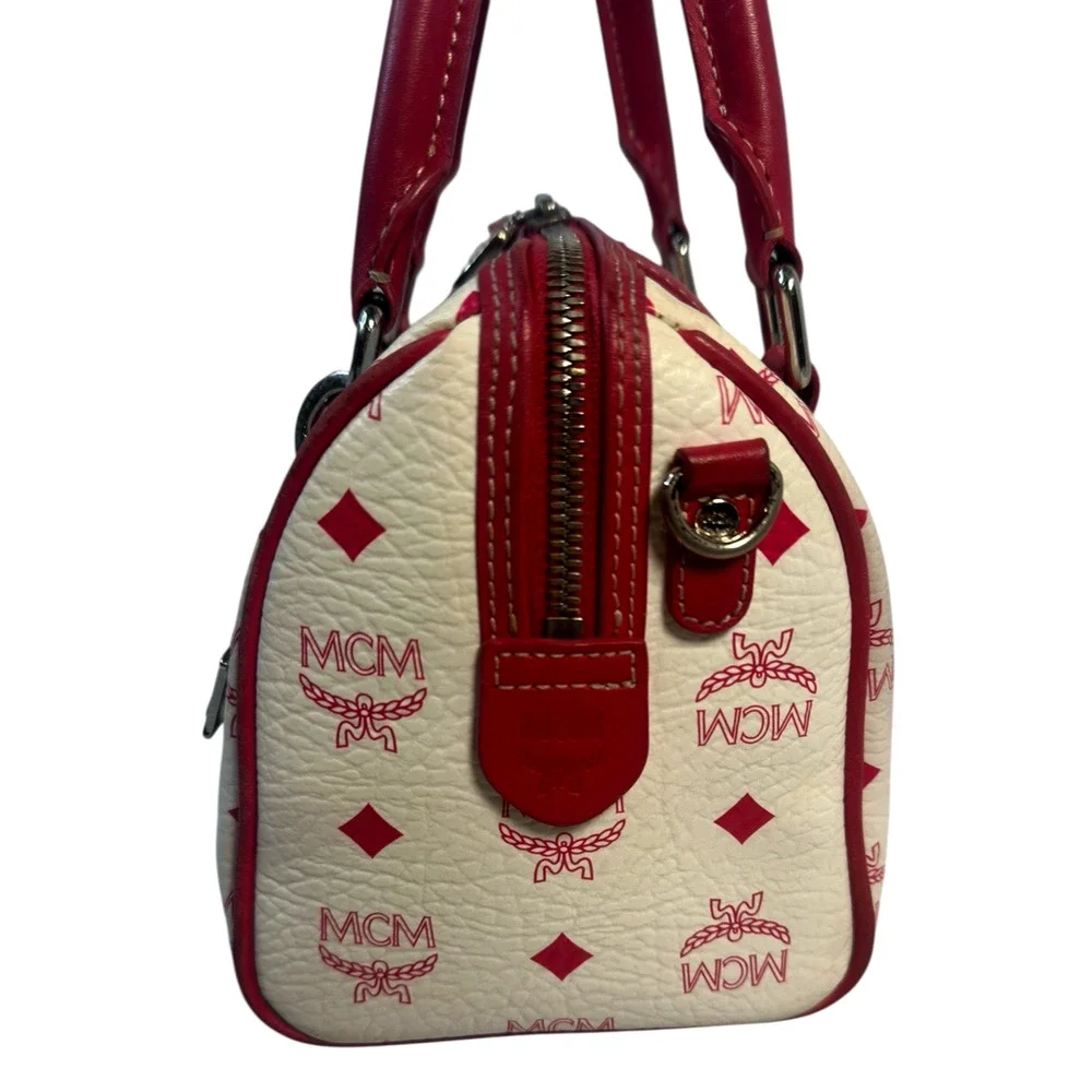 MCM Small Boston bag White Pink Visetos Satchel with Charm~Chain strap~Twilly
